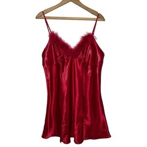 Vintage 90s Gilligan & Omalley Cherry Red Chemise with Feather Trim Size Large